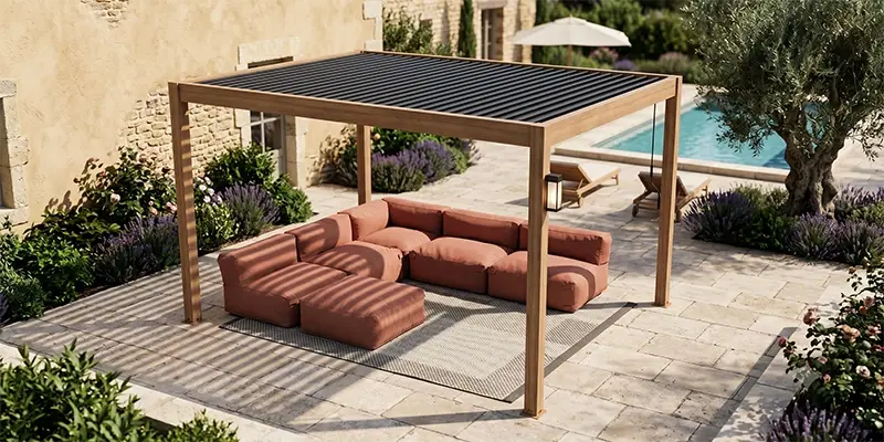 Freistehende bioklimatische Pergola 4x3m mit modularer Gartenlounge